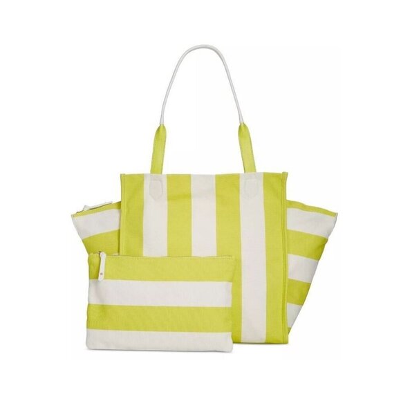 Macy's On 34th Cynthiah canvas extra large tote + pouch 2 PIECE SET -Lemon/White - Picture 1 of 6
